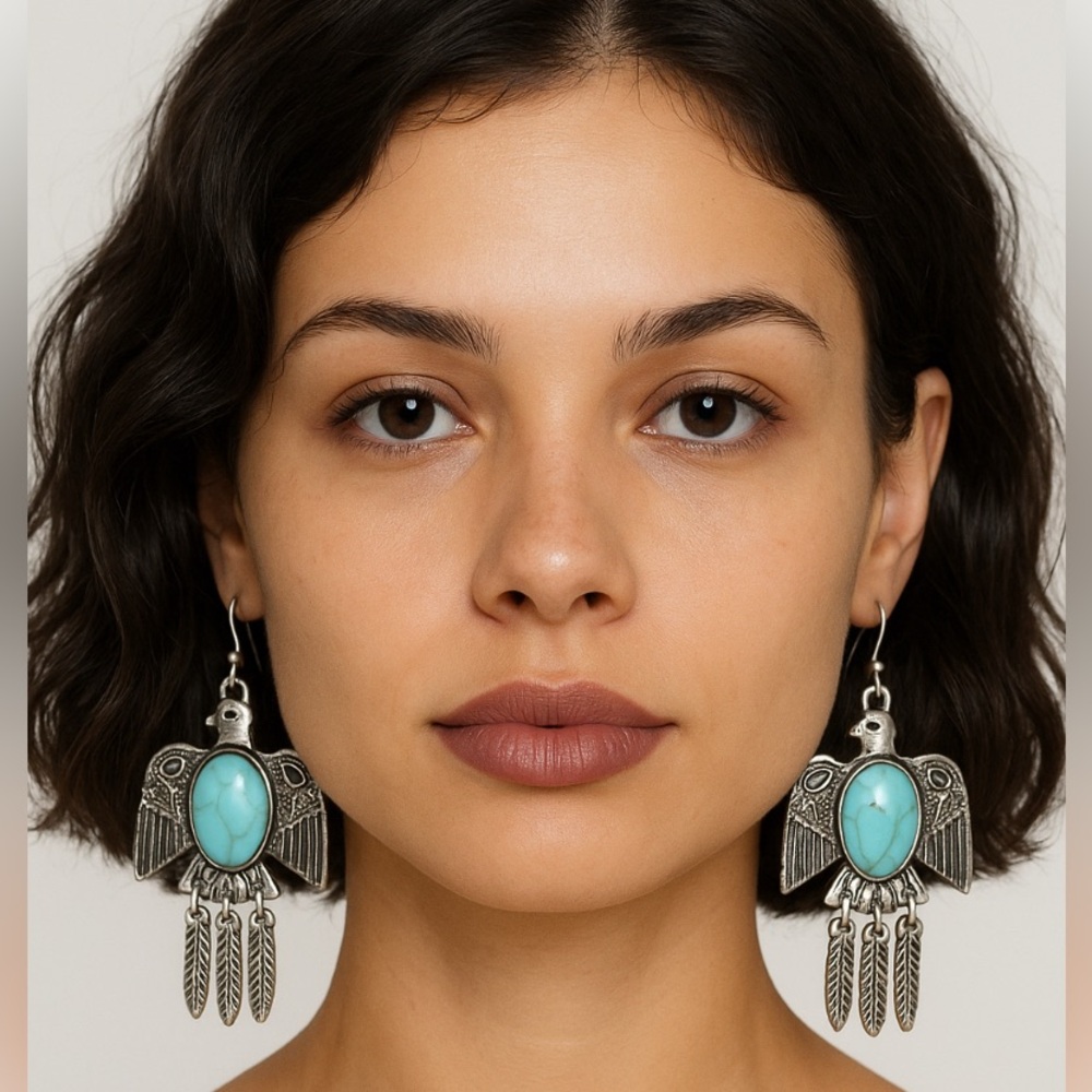 Turquoise Stone Feather Silver Bird Earrings